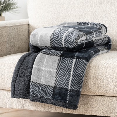 Charcoal Gray Plaid Sherpa Fleece Reversible Throw Blanket, 50" x 60"