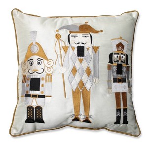 16.5"x16.5" Indoor Christmas Nutcrackers Square Throw Pillow White/Gold - Pillow Perfect: Embroidered, Festive Decor - 1 of 3