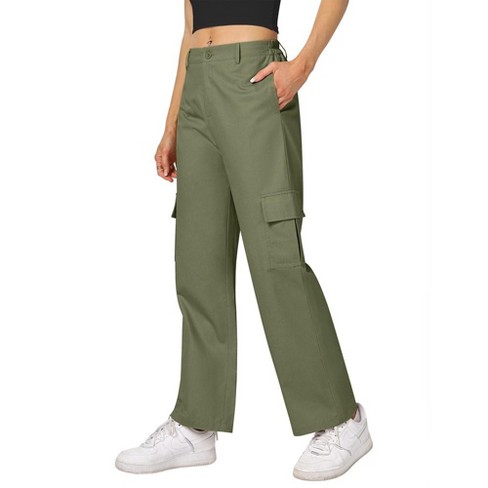 Whizmax Cargo Pants Women Baggy Casual High Waisted Straight Leg Pants Loose Trousers with Pockets Army green S