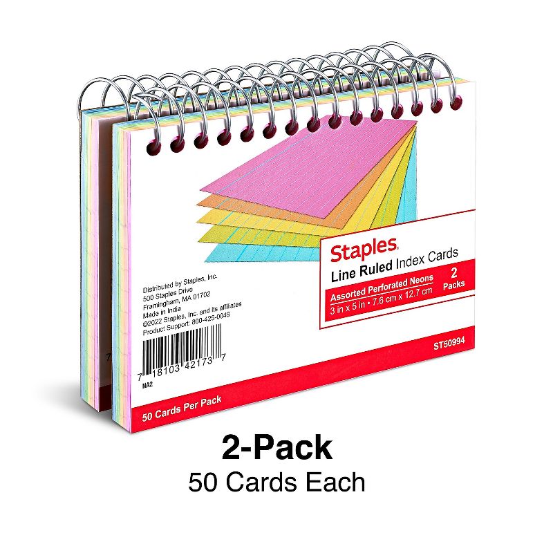 Staples 3" x 5" Line Ruled Assorted Neon Spiral-Bound Index Cards 2/PK (50994) TR50994, 2 of 6