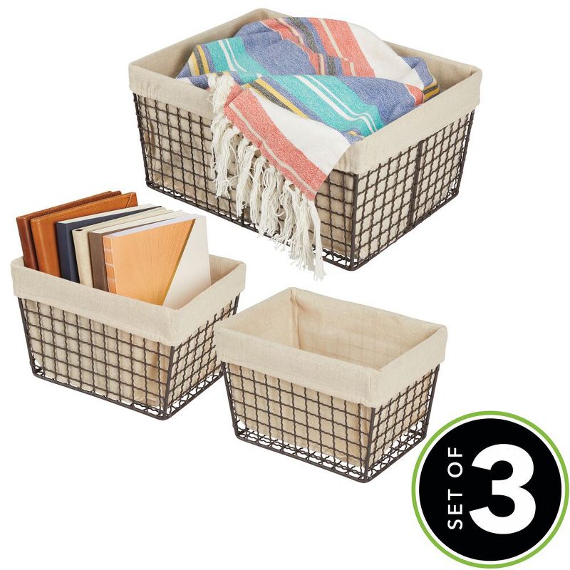 mDesign Metal Household Storage Basket with Fabric Liner, Set of 3, 2 of 9