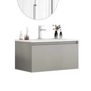 Gulches 32 in 1 Sink Wall-Mounted Vanity Mocha Gray Bath Vanity with White Ceramic Top 1 Big Soft-Close Drawer Handle-Free - 1 of 4