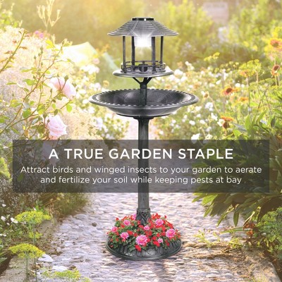 Stone Solar-Powered Bird Bath with Planter Base and Lamp