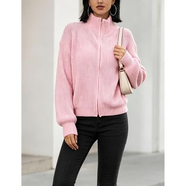 YESFASHION Women Full Zip Stand Collar Allover Rib Knit Loose Fit