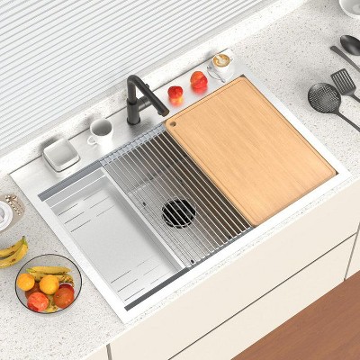 winado 30 Inch Stainless Steel Drop In Integrated Ledge Multifunctional Workstation Sink Set In Silver