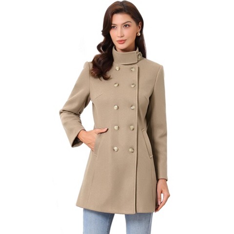 Allegra K Women's Winter Double Breasted Stand Collar Side Pocket Vintage Pea Coats Small Brown