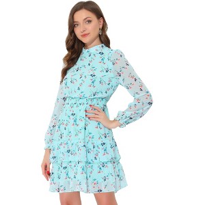 Allegra K Women's Stand Collar Smocked Waist Sheer Sleeve Ruffle Layers Floral Chiffon Dress - 1 of 4