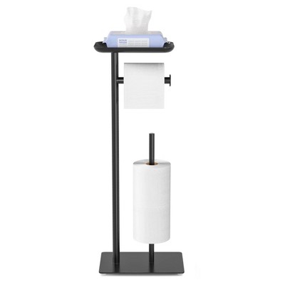 LunaLulinlk Toilet Paper Holder Stand with Top Storage Shelf, Black Toilet Paper Roll Holder Free Standing