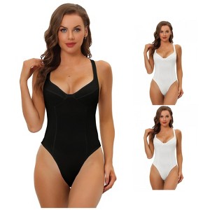 Allegra K Women's Deep V Neck Tummy Control Waist Adult Bodysuits 3 Packs - 1 of 4