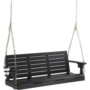 VINGLI Heavy Duty 1600 LBS HDPE Porch Swing Outdoor with Rotatable Cup Holder, 5 FT Patio Bench Swing with Adjustable Chains, - Black - 1 of 4