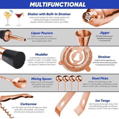 Rose Gold Stainless Steel Bartender Kit with Bamboo Stand