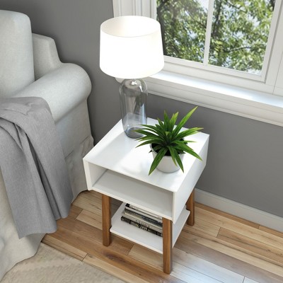 White and Pecan Mid-Century Modern Side Table with Storage