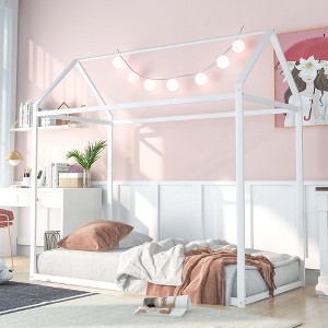 NicBex Twin Size Metal Montessori Bed with House Shaped Frame,Floor Bed for Kids,Modern Toddler Bed for Bedroom,White - 1 of 4