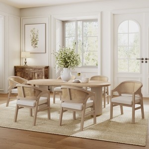 Christopher Knight Home Ilumia Rustic 7 Piece Rattan Rubberwood Upholstered Dining Chairs with Double Pedestal Oval Table - 1 of 4