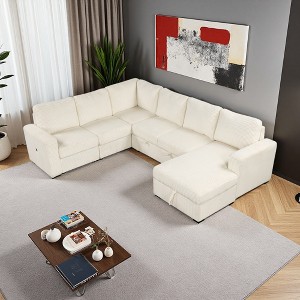 115.6" Corduroy U-Shaped Modular Sectional Sofa with Bed & USB - 1 of 4