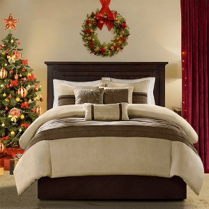 7 Pcs Bed in a Bag Luxury Faux Suede Design Premium Comforter Set, Striped Accent All Season Bedding, Royal Vintage Style Bed Set with Pillow Cases - 1 of 4