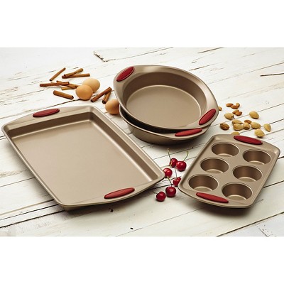 Latte Brown Nonstick Bakeware Set with Cranberry Red Grips, 4 Piece
