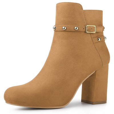 Allegra K Women's Buckle Decor Pointed Toe Chunky Heels Ankle Boots