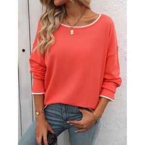 Women's Fall Long Sleeve Round Neck Sweater Shirt Color Block Casual Top Blouse - 1 of 4