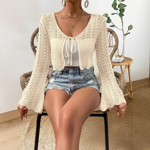 Coolmee Women's Tie Front Cardigan Tops Casual Bell Long Sleeve Knit Hollow Out Crochet Crop Tops - 1 of 4