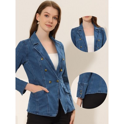 INSPIRE CHIC Women's Lapel Notch Collar Long Sleeve Denim Blazer Jackets Denim Blue X-Small — фото 2