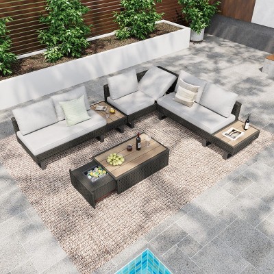 4-Piece Diamond Weave Patio Sectional Set,Conversation Set With Extendable Coffee Table,Ice Bucket,Collapsible Seat And Side Table -Maison Boucle