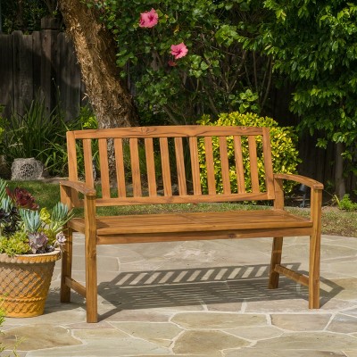 Farmhouse Outdoor Wood Bench, Durable Acacia Construction for a Warm, Inviting Patio