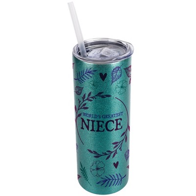 Elanze Designs Floral Turquoise Blue 20 Ounce Double Wall Stainless Steel Glitter Travel Tumbler With Sliding Lid And Straw, World's Greatest Niece