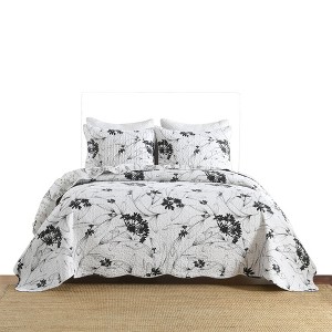 Marcielo 3 Pcs Black&White Floral Quilt Bedspread Set - 1 of 4