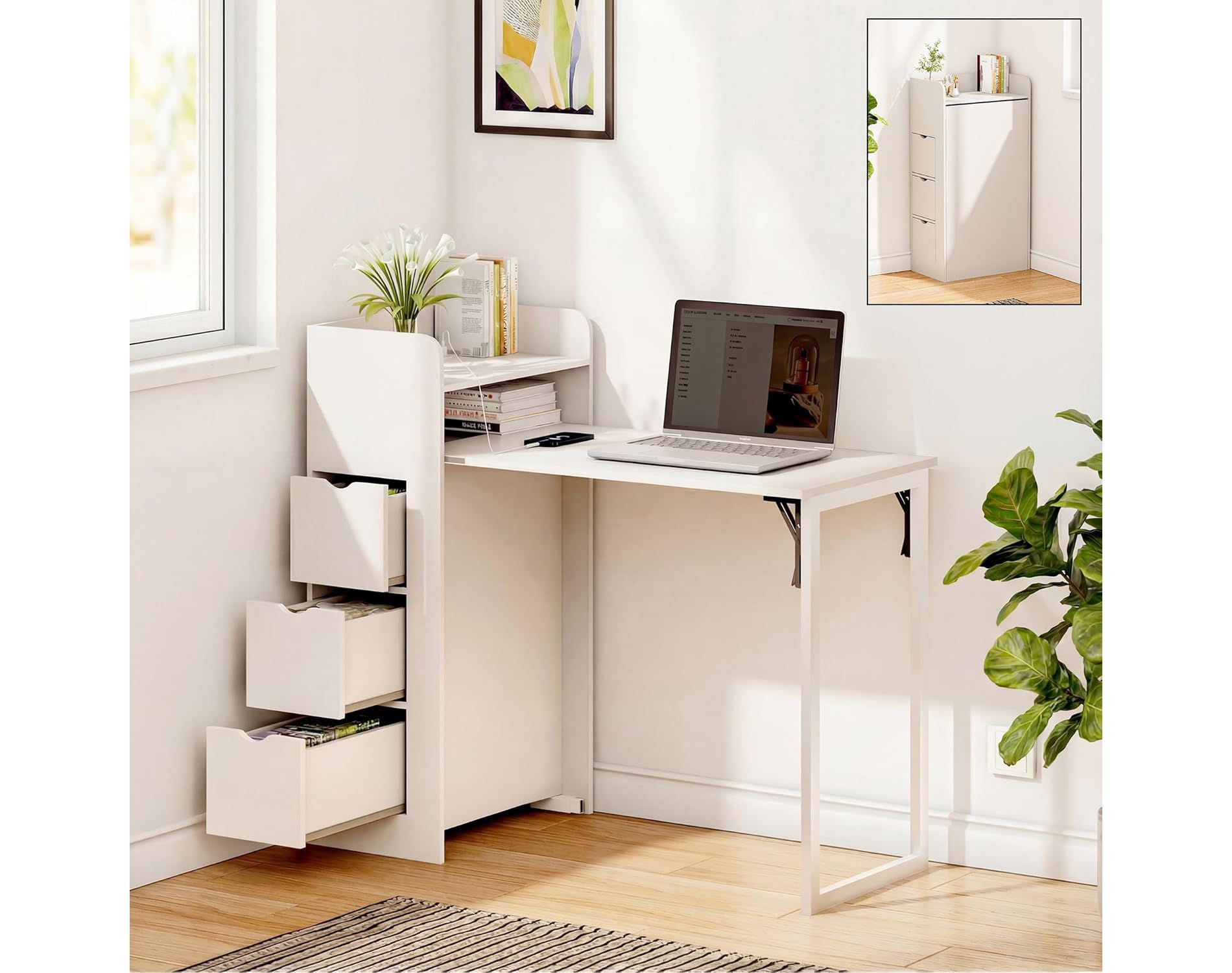 LAUSAINT HOME Wall Mounted Foldable Desk, Space Saving Hidden Desk with Storage & Power Outlet, Fold Out Table, White