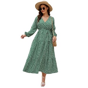 Clearlove Women's Plus Size V-Neck Long Sleeves A-Line Pleated Floor Length Formal Dress - 1 of 4