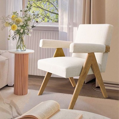 Mid-Century Modern Accent Chairs Set Of 2,Living Room Chair,Cozy Reading Chair,Beige Linen Accent Arm Chair With Wood Frame,Lounge Chairs-Cuddlewood