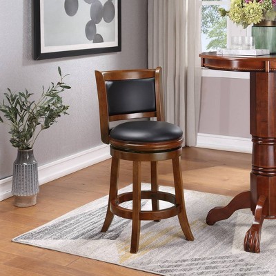 Cherry Wood Swivel Counter Stool with Black Leather Upholstery