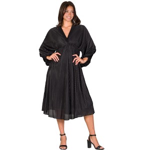 24seven Comfort Apparel Shimmer Pleated V Neck Empire Waist Bishop Sleeve Midi Dress - 1 of 4