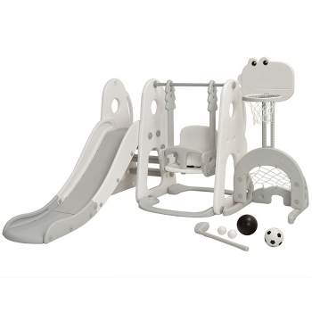 Costway 6 in 1 Toddler Slide and Swing Set Climber Playset w/ Ball Games White\Orange