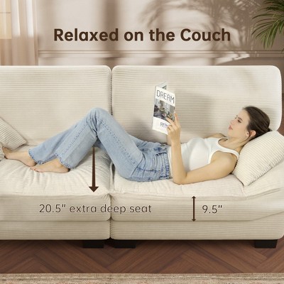 Beige 87" Corduroy Couch  with 2 Pillows, Sailboat-Shape Deep Seat Sofa for Living Room, Small Space, Office, Apartment-Morden Fort
