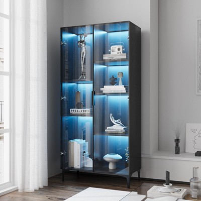Display Storage Cabinet with LED Lights, Display Case with Glass Doors and Adjustable Shelves, Black