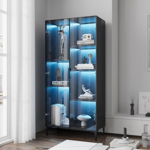 Display Storage Cabinet with LED Lights, Display Case with Glass Doors and Adjustable Shelves, Black - 1 of 4