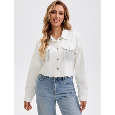 INSPIRE CHIC Women's Fringe Long Sleeve Frayed Hem Crop Denim Jacket Light Blue Small 2 Packs White/Dark Blue Large — фото 3