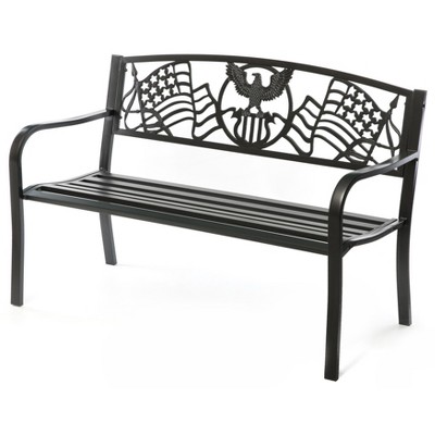 Steel Outdoor Patio Garden Park Seating Bench with Cast Iron Patriotic American Flag and Eagle Backrest, Front Porch Yard Bench Lawn Decor