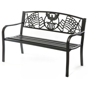 Steel Outdoor Patio Garden Park Seating Bench with Cast Iron Patriotic American Flag and Eagle Backrest, Front Porch Yard Bench Lawn Decor - 1 of 4
