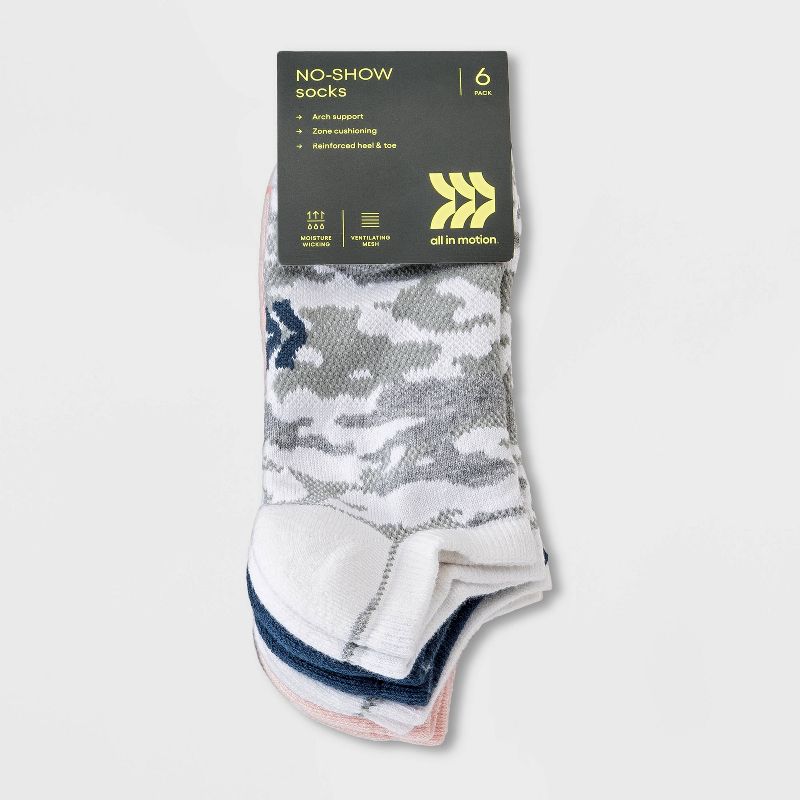 Women&#39;s Cushioned Camo Print 6pk No Show Athletic Socks - All In Motion&#8482; Assorted Colors 4-10, 3 of 7