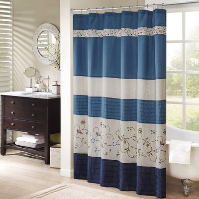 VYNXARIA 72*72"Faux Silk Embroidered Floral Shower Curtain,Blue