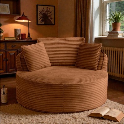 Mshliw Round Lounge Chair with Corduroy Upholstery, Single Sofa, Comfy Floor Chair with Foam and Spring Cushion and Back Pillows for Living Room