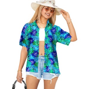 HAPPY BAY Hawaiian Shirts Womens Funky Short Sleeve Tropical Vacation Button Up Blouse Top Shirt Summer Button Down Party Floral Shirts - 1 of 4