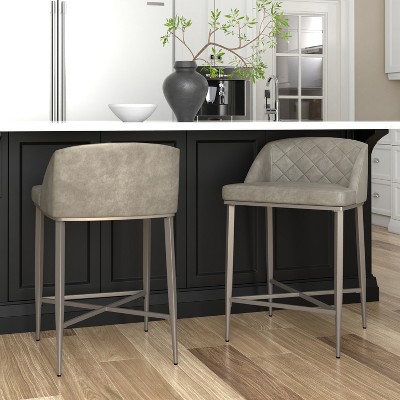Mid-Century Modern Pewter Gray Faux Leather Counter Stools - Set of 2