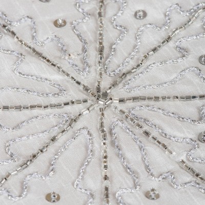 Luxurious White Polysilk Snowflake Pillow with Silver Sequins