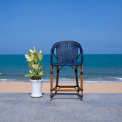 Navy Wicker and Aluminum Outdoor Counter Stool with Arms