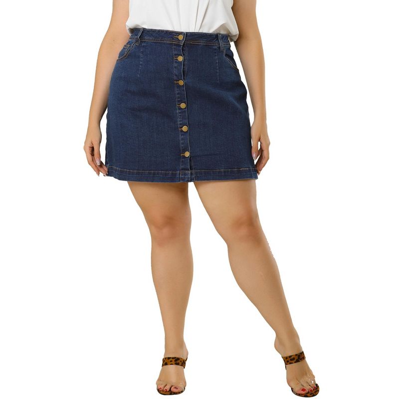 Agnes Orinda Women's Plus Size Denim Button Side Pocket Casual Jean A-Line Mini Skirt, 3 of 7