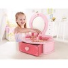 Hape Toys Petite Pink Vanity Toy Wooden Beauty Desk with Drawer, Mirror, and Pretend Makeup Kit, Hairbrush, Lipstick Roll, Compact, Perfume, and Puffs - 4 of 4